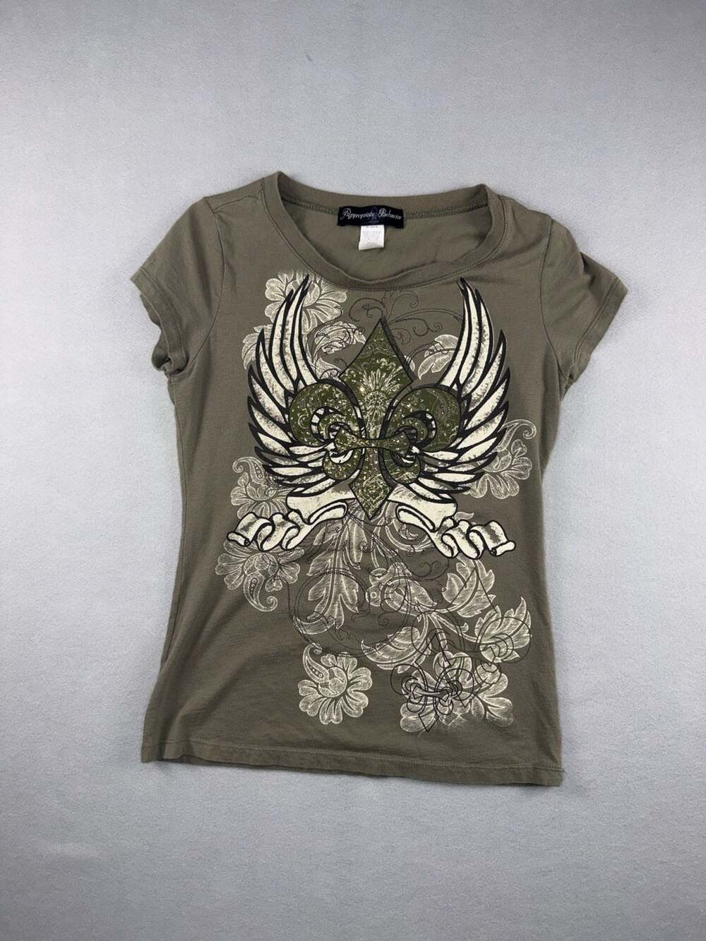 Appropriate Behavior Graphic T-Shirt Size M Olive Green Winged Fleur De Lis